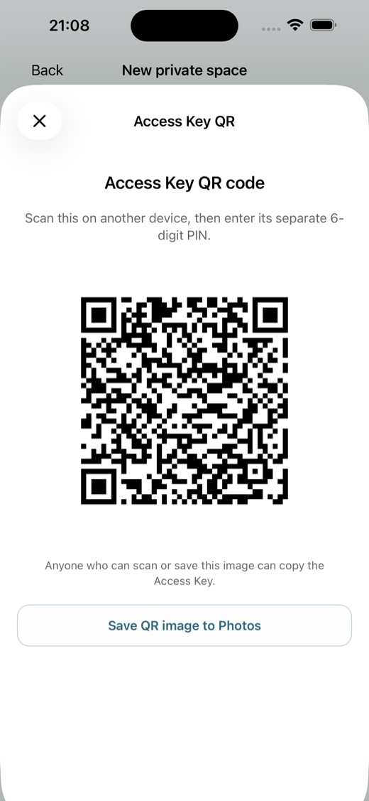 A protected Senvra Access Key displayed as a QR code