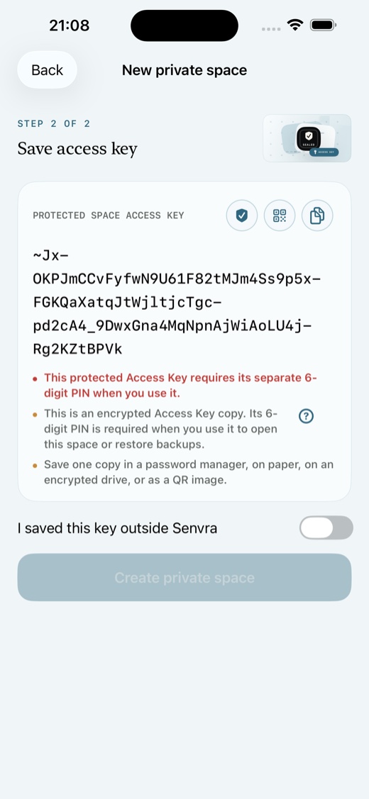 Senvra Save Access Key screen with PIN and QR actions