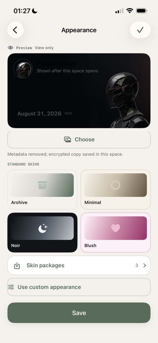 Senvra Appearance screen with Archive, Minimal, Noir, and Blush skins