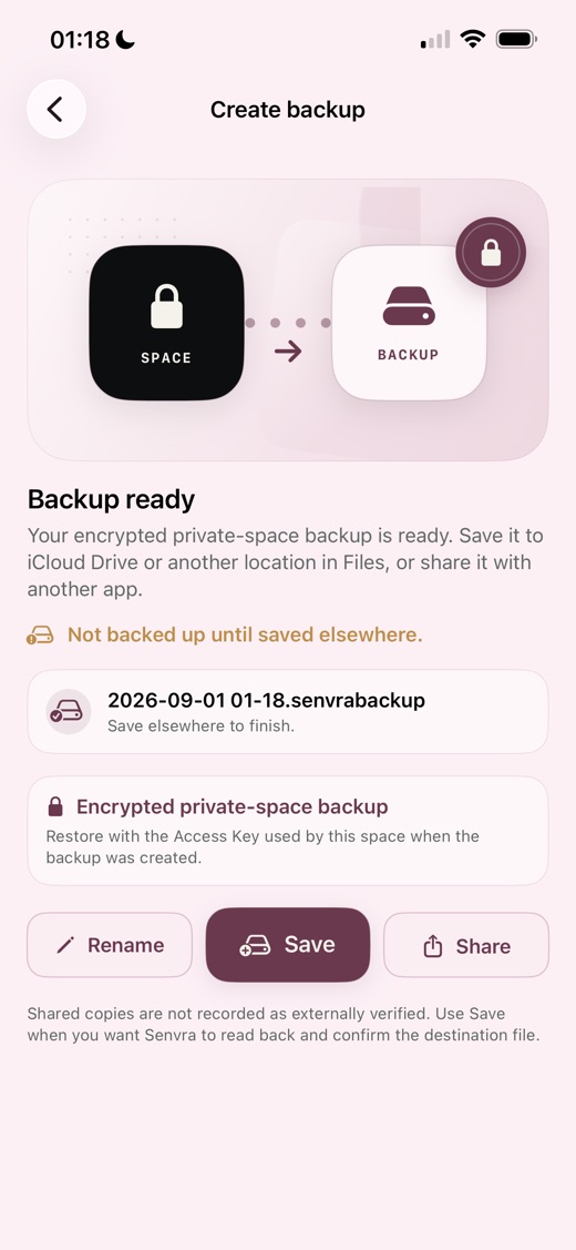 Senvra private-space backup ready to save