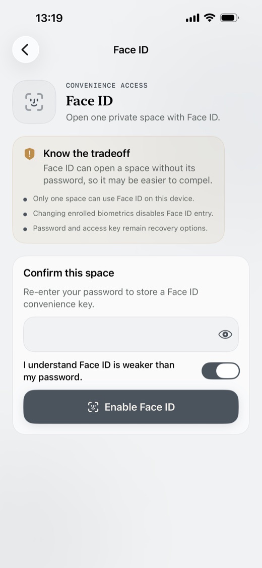 Face ID setup with an explicit security tradeoff