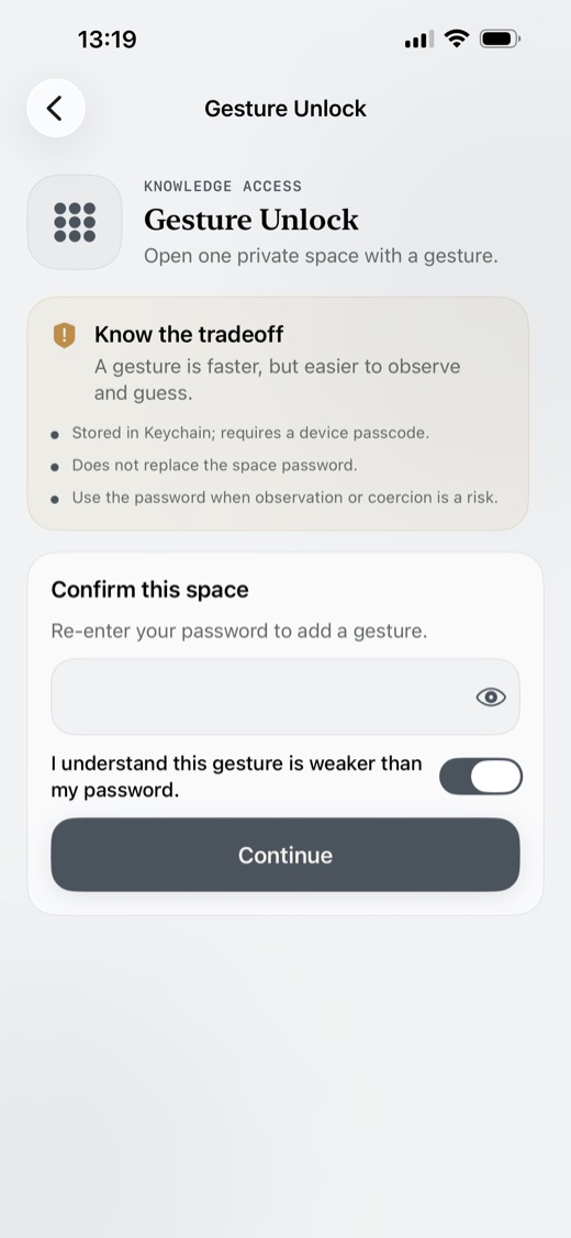 Gesture unlock setup with an explicit security tradeoff