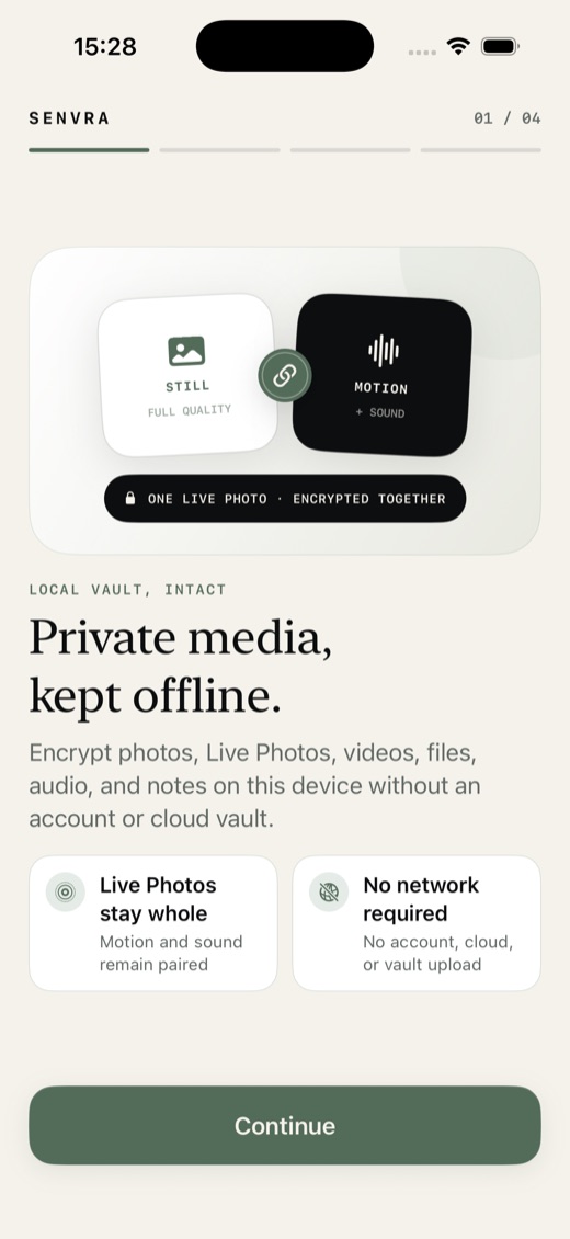 Senvra onboarding explaining offline private media protection