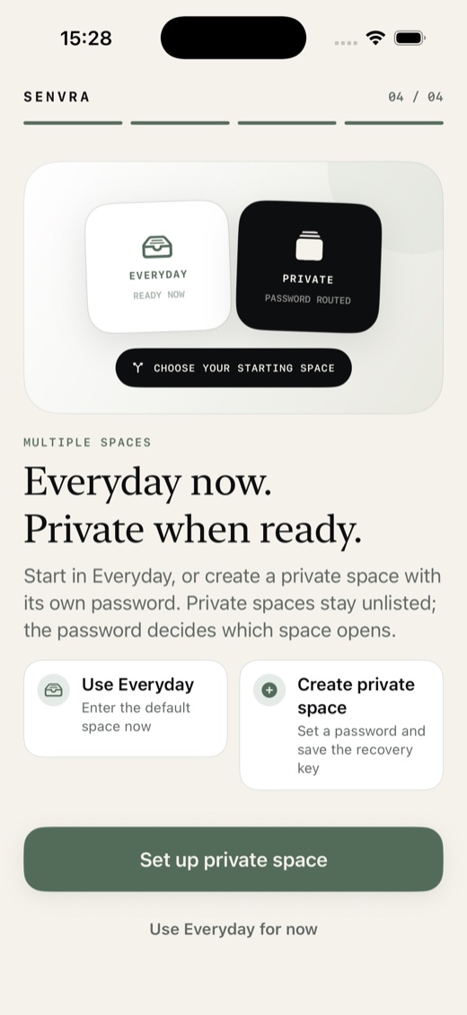 Senvra introduction showing Everyday and password-routed private spaces
