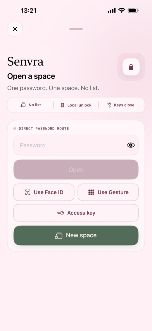 Senvra private space entry screen with direct password routing